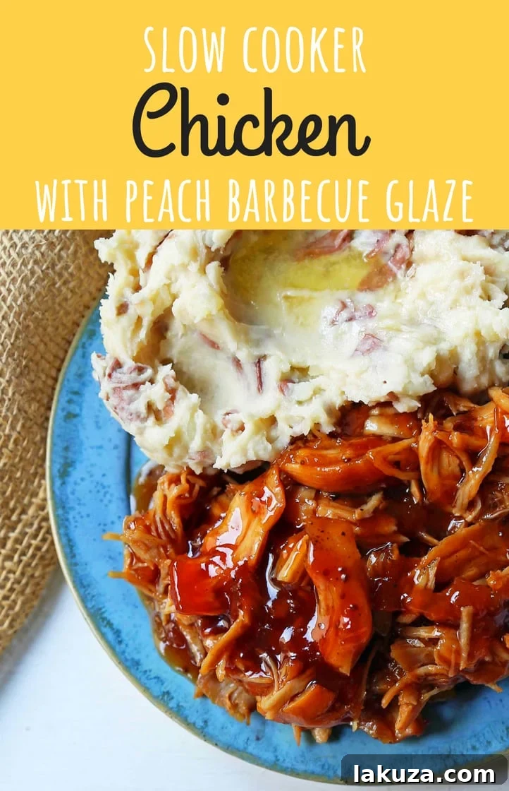 Save this Slow Cooker Peach Barbecue Sauce Chicken recipe to your Pinterest board for an easy 5-ingredient crockpot meal with sweet peach BBQ glaze.