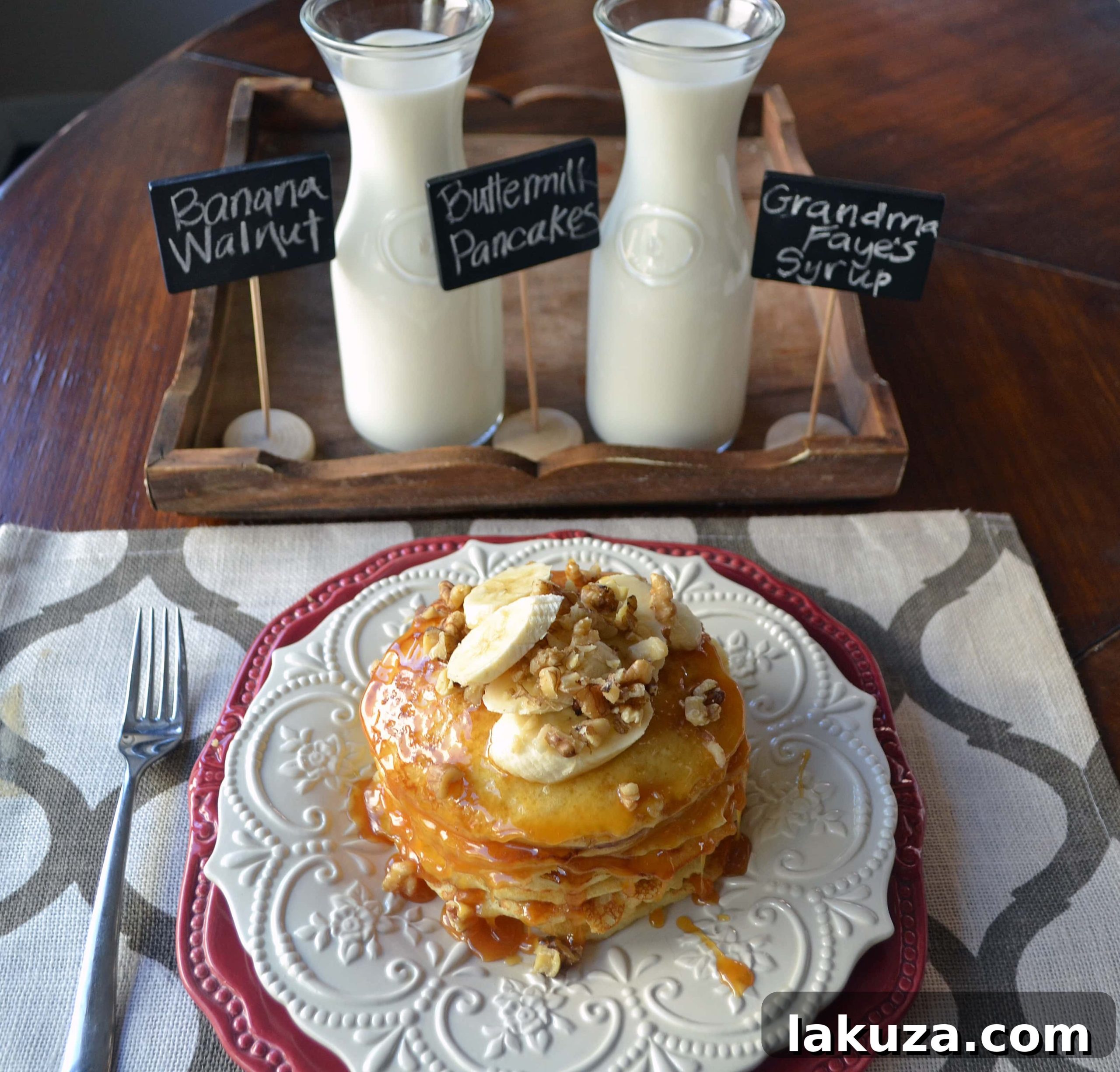 Goldie's Fluffy Banana Walnut Buttermilk Pancakes with Faye's Signature Syrup 7 Goldie's Banana Walnut Buttermilk Pancakes with Faye's Syrup, served and ready to eat