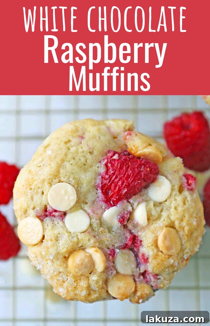 Decadent Raspberry White Chocolate Muffins 9 Pinterest graphic featuring a mouth-watering image of Bakery-Style Raspberry White Chocolate Muffins with text overlay, encouraging users to pin the recipe.