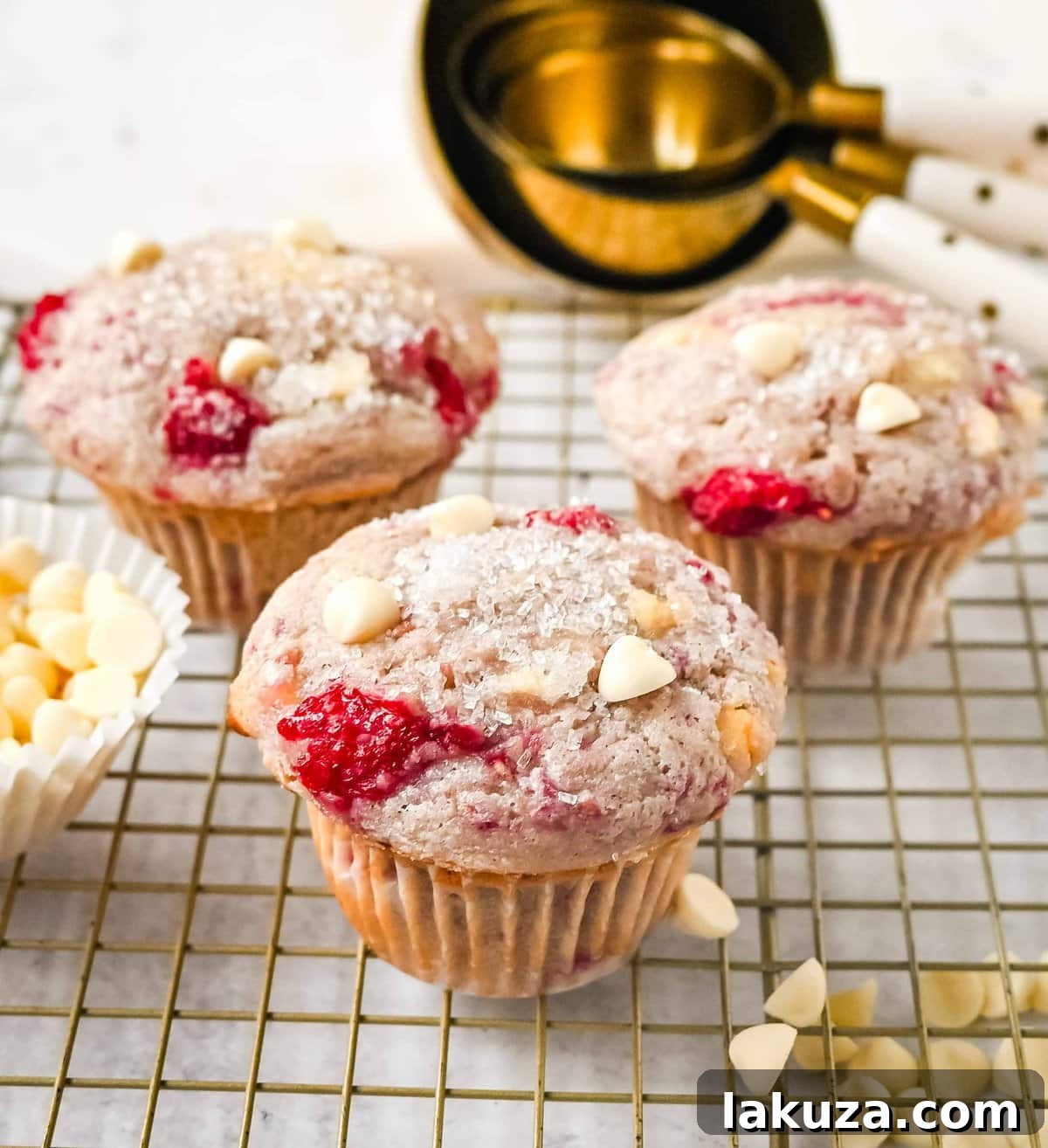 Decadent Raspberry White Chocolate Muffins 3 A close-up view of a perfectly baked Raspberry White Chocolate Chip Muffin, showcasing its tender, moist interior filled with berries and chips.