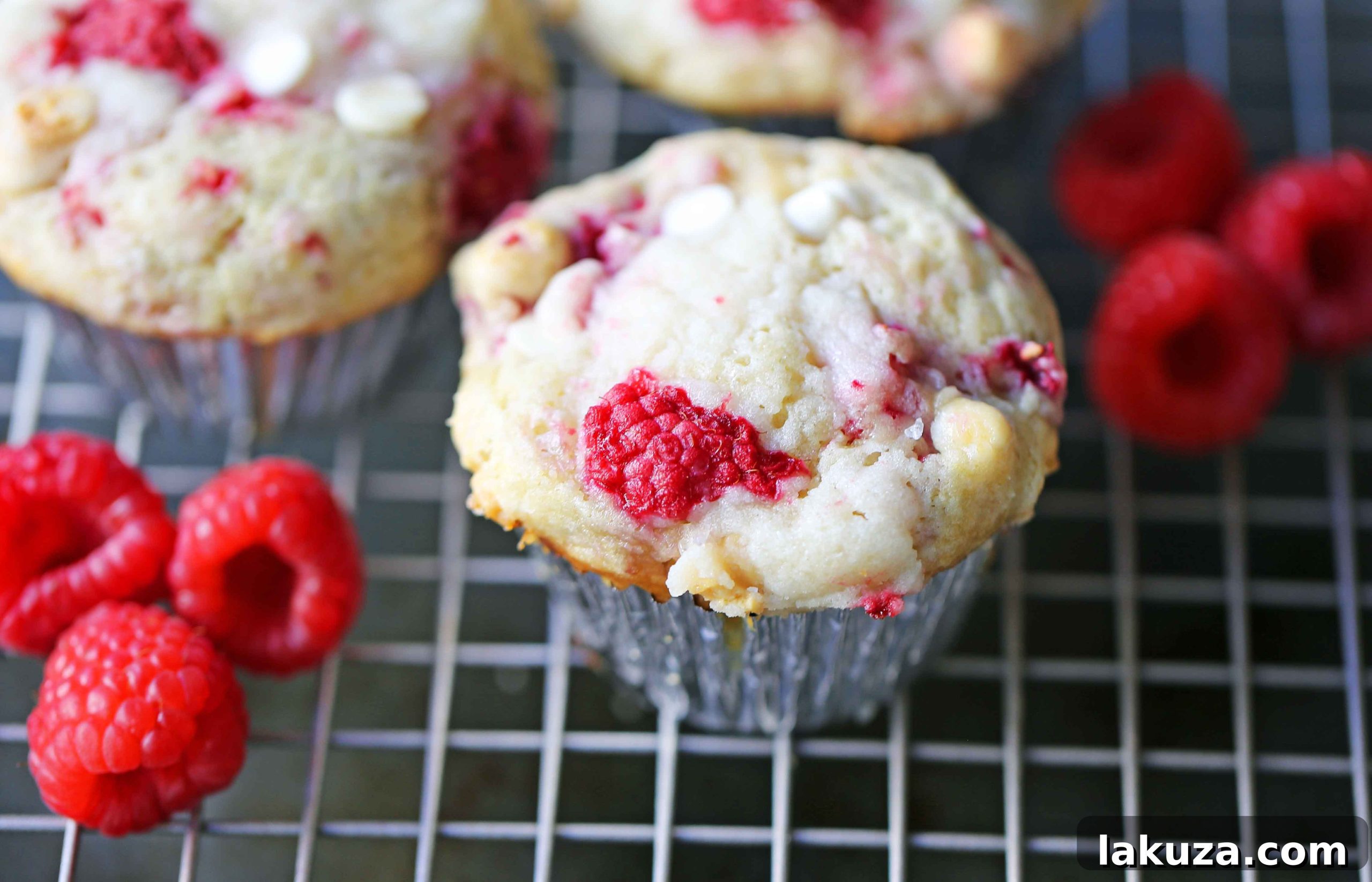Decadent Raspberry White Chocolate Muffins 6 A close-up shot of a baked Raspberry White Chocolate Muffin, showcasing its perfectly risen, golden-brown top.