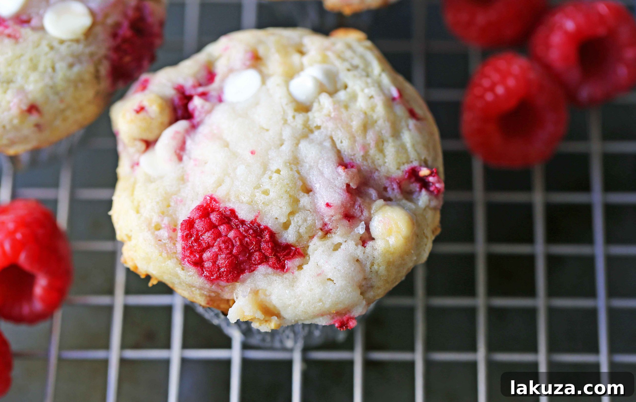 Decadent Raspberry White Chocolate Muffins 7 A Raspberry White Chocolate Muffin adorned with glistening sparkling sugar on its golden-brown top, ready to be eaten.