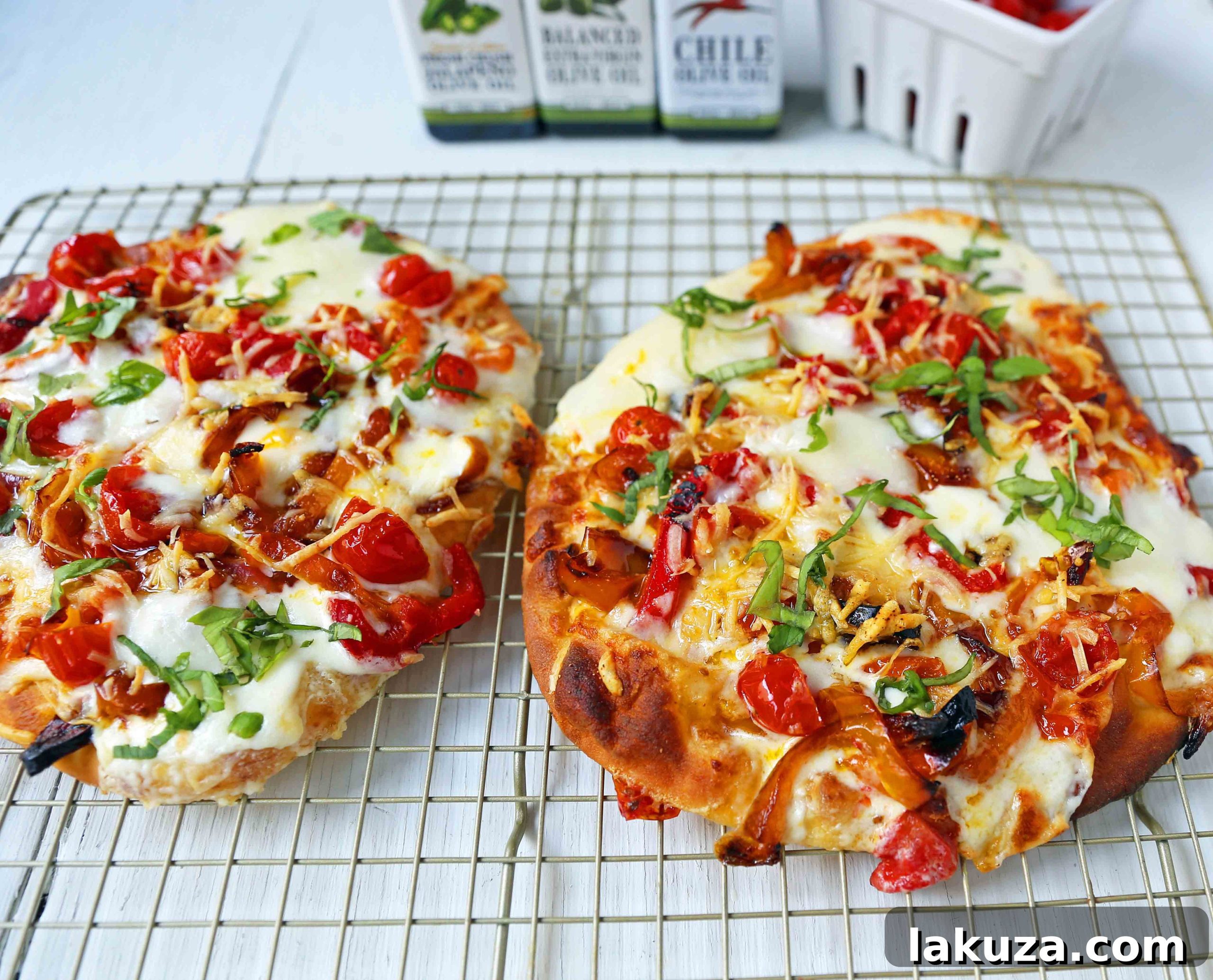 Vibrant Veggie Medley Pizza 3 Veggie Pizza Recipe with Naan Bread, roasted vegetables, mozzarella, and ricotta cheese