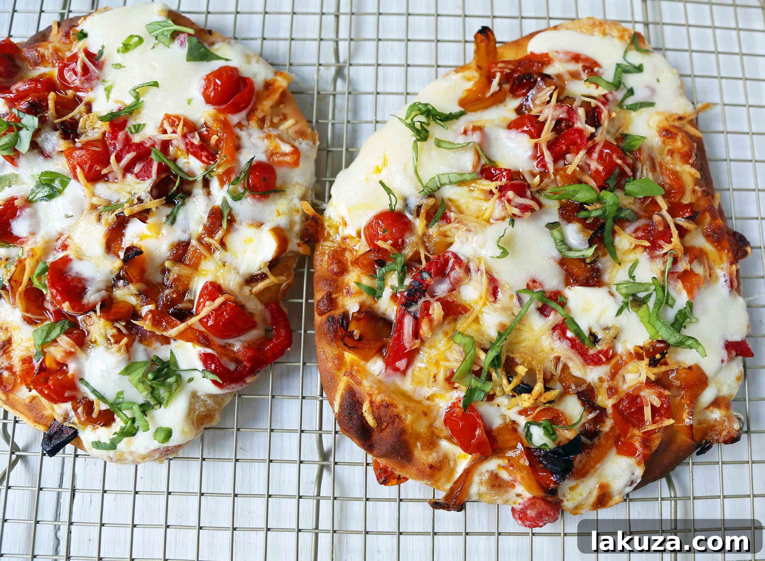 Vibrant Veggie Medley Pizza 6 Homemade Naan Bread Veggie Pizza with roasted vegetables, mozzarella, and ricotta