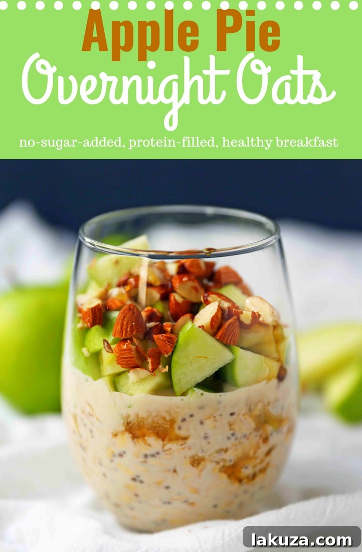 Apple Pie Overnight Oats. Healthy no-sugar-added breakfast. Overnight Oats with Greek Yogurt, Crisp Green Apples, Crunchy Almonds, Cinnamon, and Real Maple Syrup. www.modernhoney.com #overnightoats #applepieovernightoats #appleovernightoats