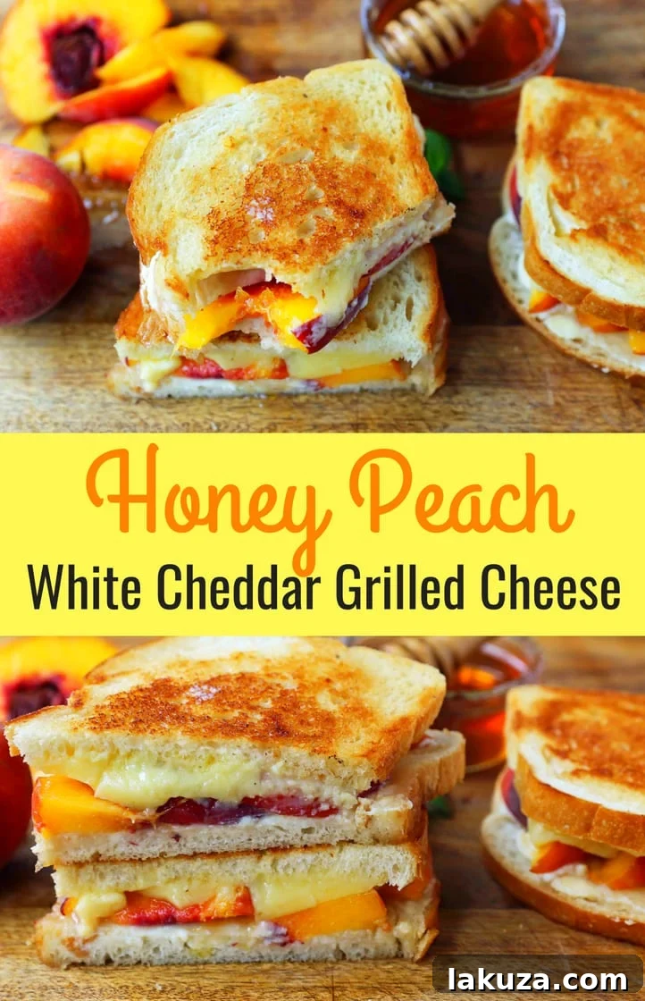 Pinterest optimized vertical image for Honey Peach White Cheddar Grilled Cheese Sandwich, featuring the golden sandwich with peaches, cheese, and honey.