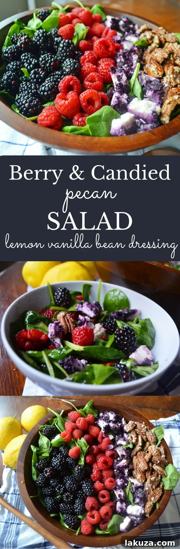 Sweet Berry Pecan Salad with Zesty Lemon Vanilla Bean Vinaigrette 6 Pinterest optimized image for Berry Candied Pecan Salad with Lemon Vanilla Bean Dressing