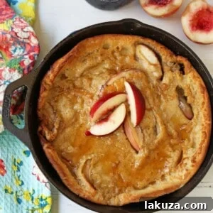 Brown Sugar Peach Dutch Baby Recipe, a sweet peach and browned butter puffed pancake