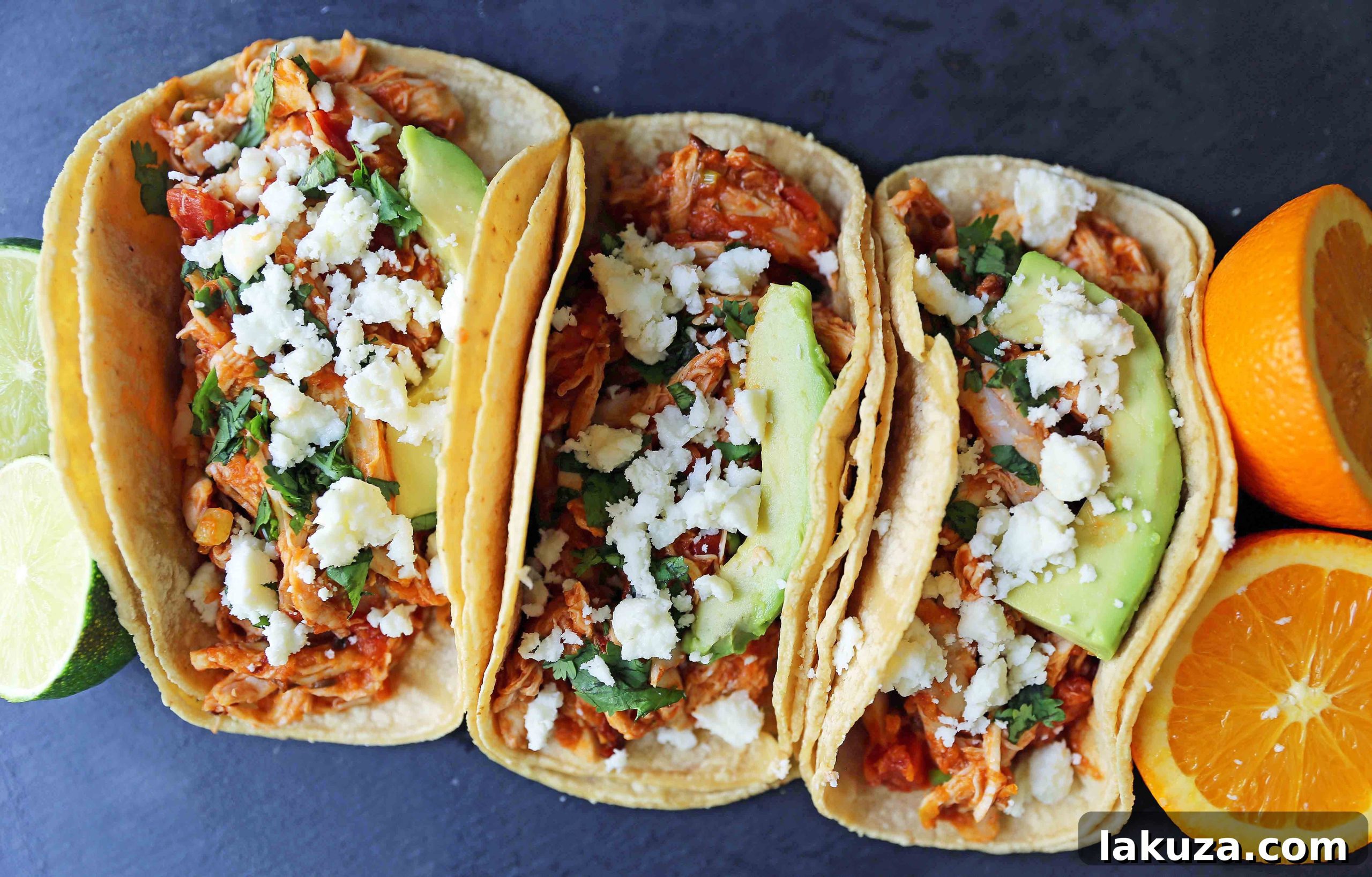 A serving of Chipotle Chicken Tinga Tacos, featuring perfectly cooked chicken tinga, vibrant cilantro, and creamy avocado, ready for a delicious meal. An incredibly quick and easy chicken taco recipe.
