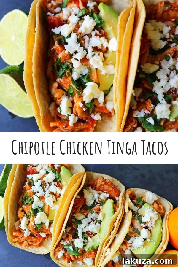 A vertical pin-friendly image of Chipotle Chicken Tinga Tacos, featuring three tacos with shredded chicken, cotija, cilantro, and avocado. Highlighting a simple, quick, and easy one-skillet chicken taco recipe.