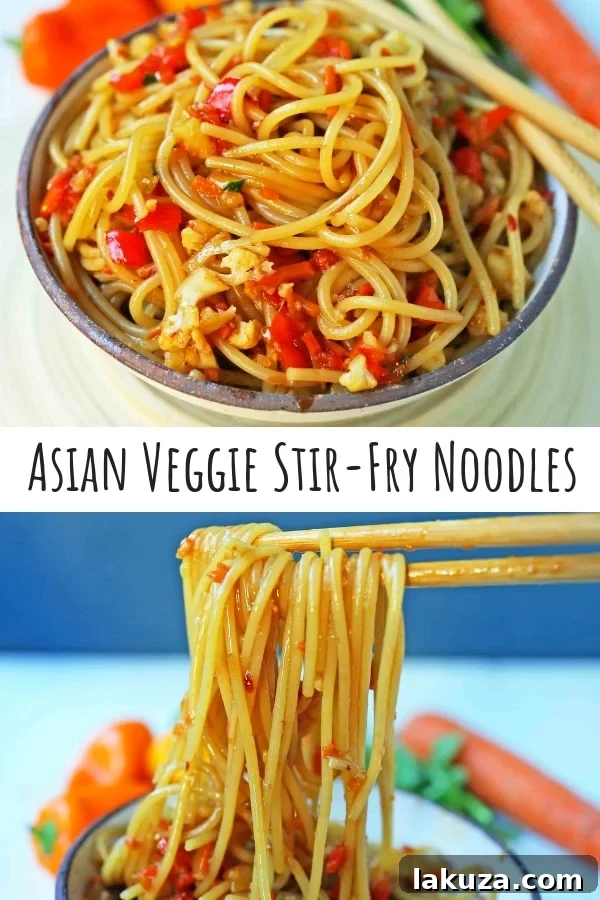 Vibrant Asian Noodle Stir-Fry 8 Pinterest Pin: Asian Vegetable Stir-Fry Noodles. Healthy fresh vegetables in a homemade stir-fry sauce tossed with noodles. A quick and easy family dinner. 20-minute Asian Garlic Noodles Recipe. www.modernhoney.com #asiannoodles #garlicnoodles #stirfry #veggiestirfry #asianfood #recipe #pin