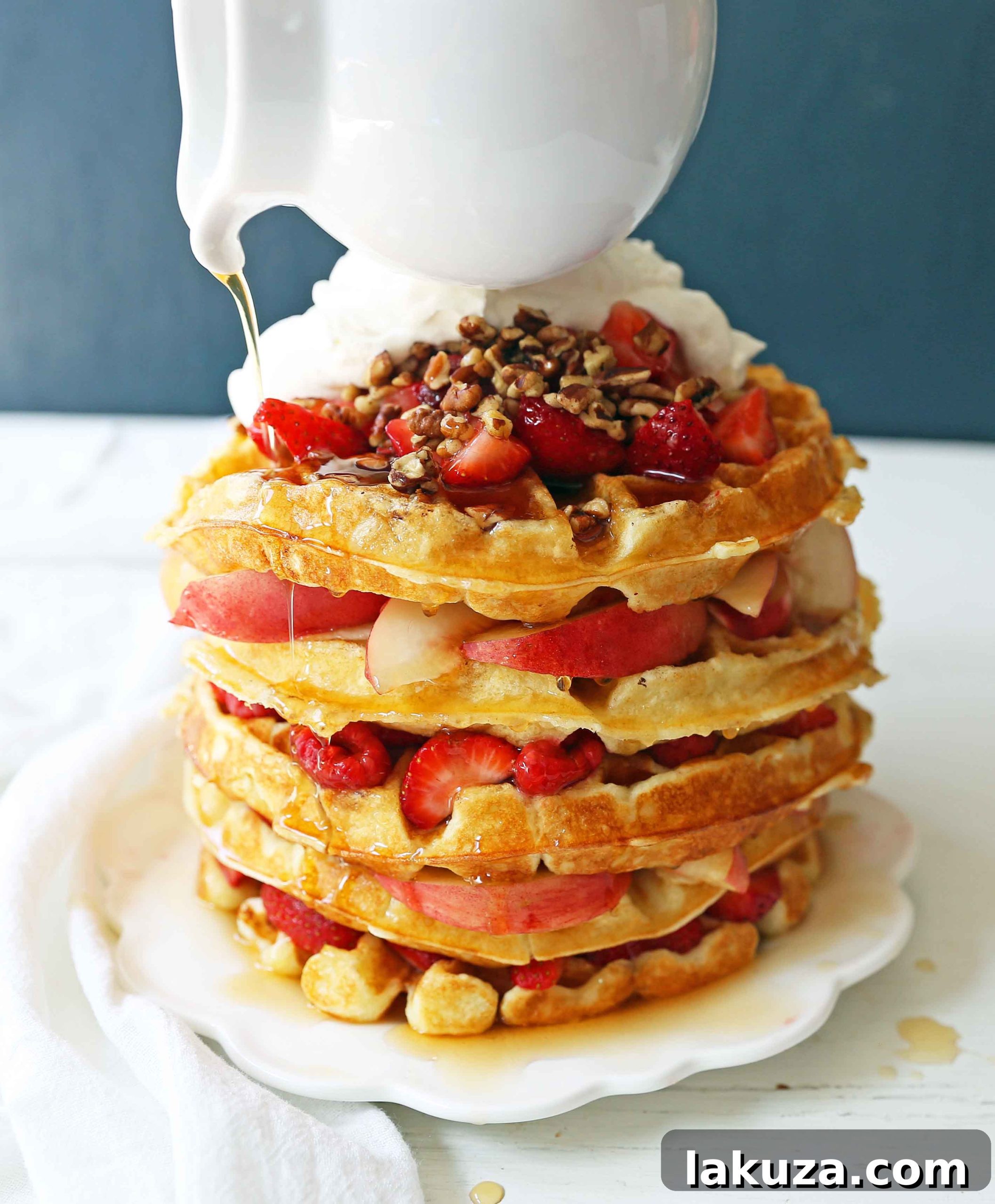 Close-up of golden brown One-Bowl Easy Buttermilk Waffles stacked on a plate, showcasing their inviting texture and crispy edges. A perfect quick waffle recipe for a delightful breakfast.