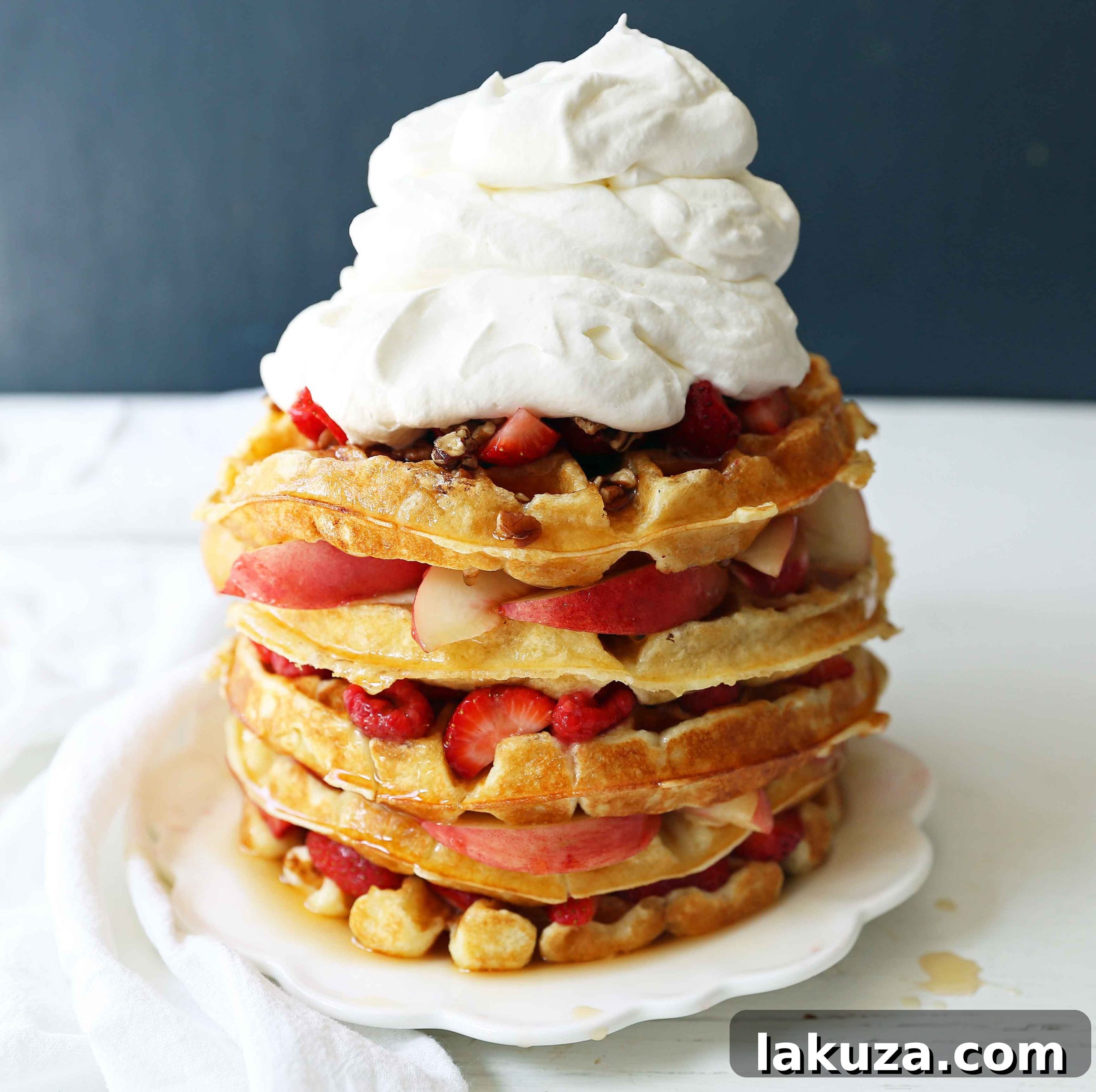 A stack of golden One-Bowl Easy Buttermilk Waffles served with fresh berries, powdered sugar, and a drizzle of maple syrup. Highlighting the perfect crispiness and buttery flavor of this quick homemade waffle recipe.