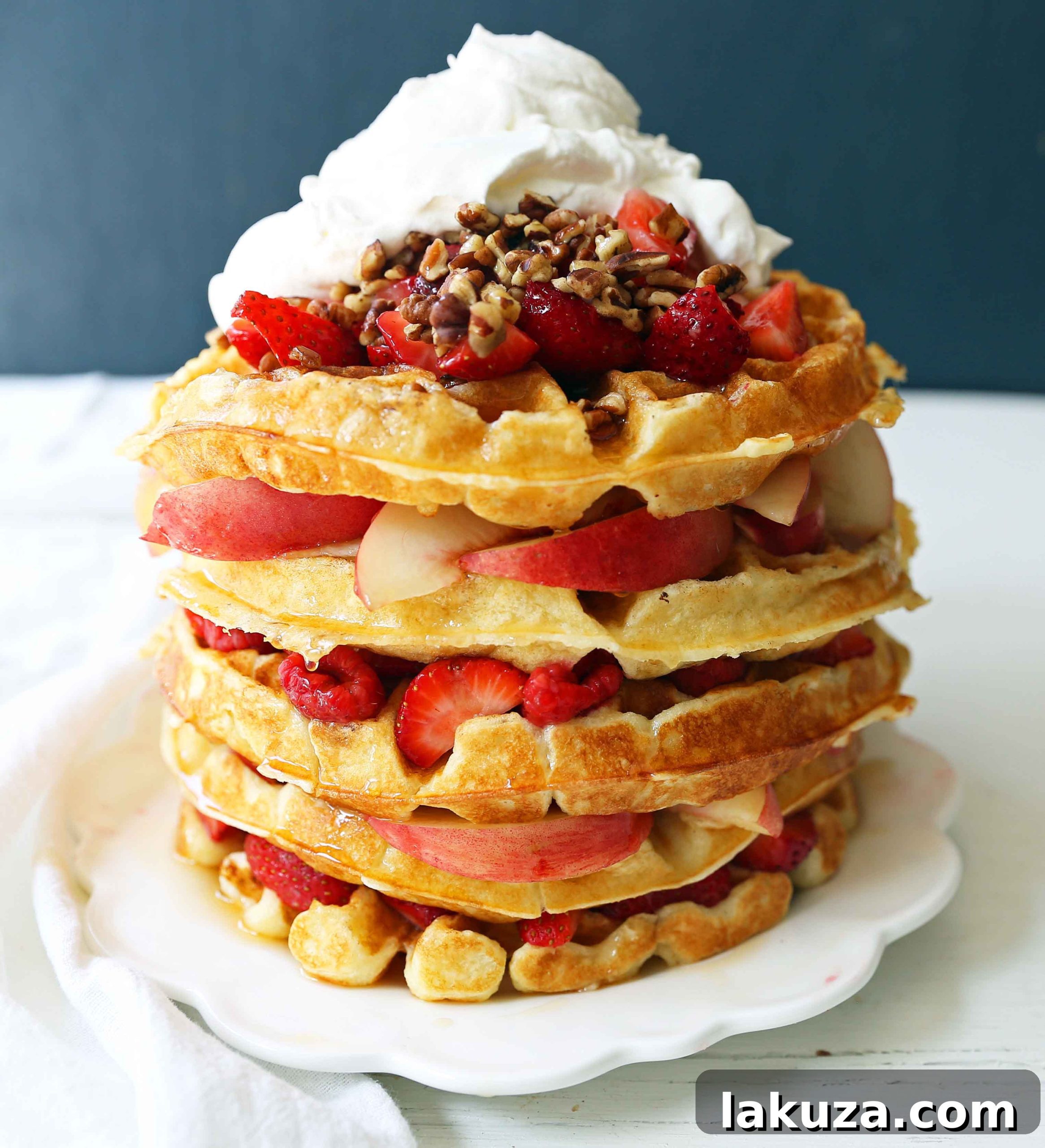 A close-up shot of an One-Bowl Easy Buttermilk Waffle, capturing its golden texture and fluffy interior, ready to be topped and enjoyed. The quintessential quick homemade waffle recipe.