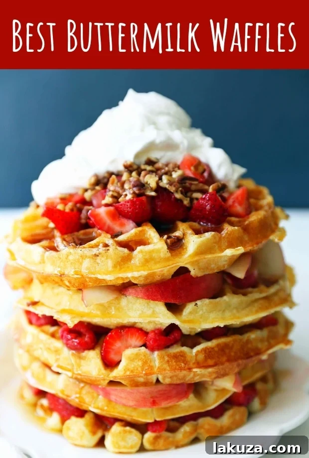 A Pinterest-optimized image for One Bowl Easy Buttermilk Waffles, featuring a vertical layout with text overlay and delicious-looking waffles. Pin this quick and easy waffle recipe for your next breakfast or brunch.