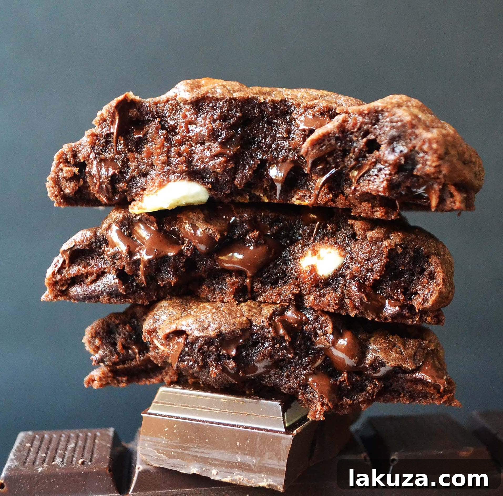 Freshly baked Hunka Hunka Triple Chocolate Cookies cooling on a rack