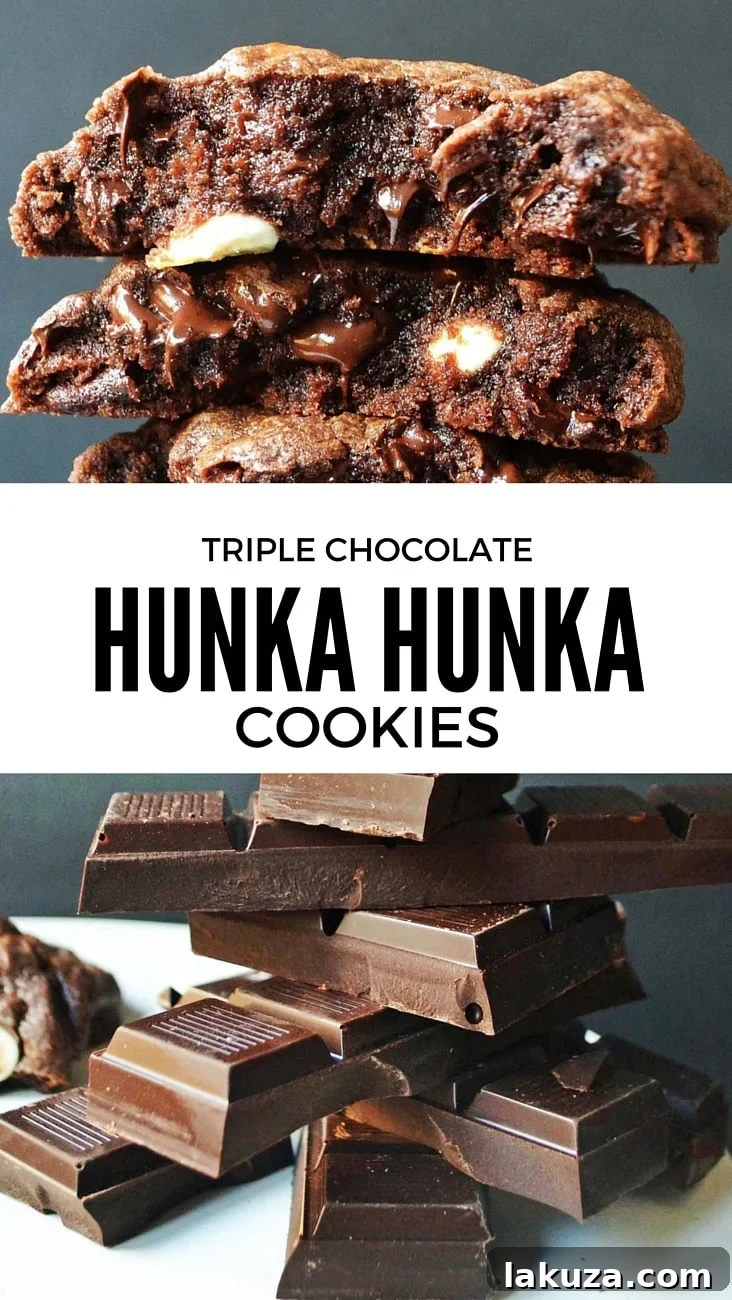 Pin this Hunka Hunka Triple Chocolate Cookie recipe: best chocolate cookies with white and dark chocolate chunks