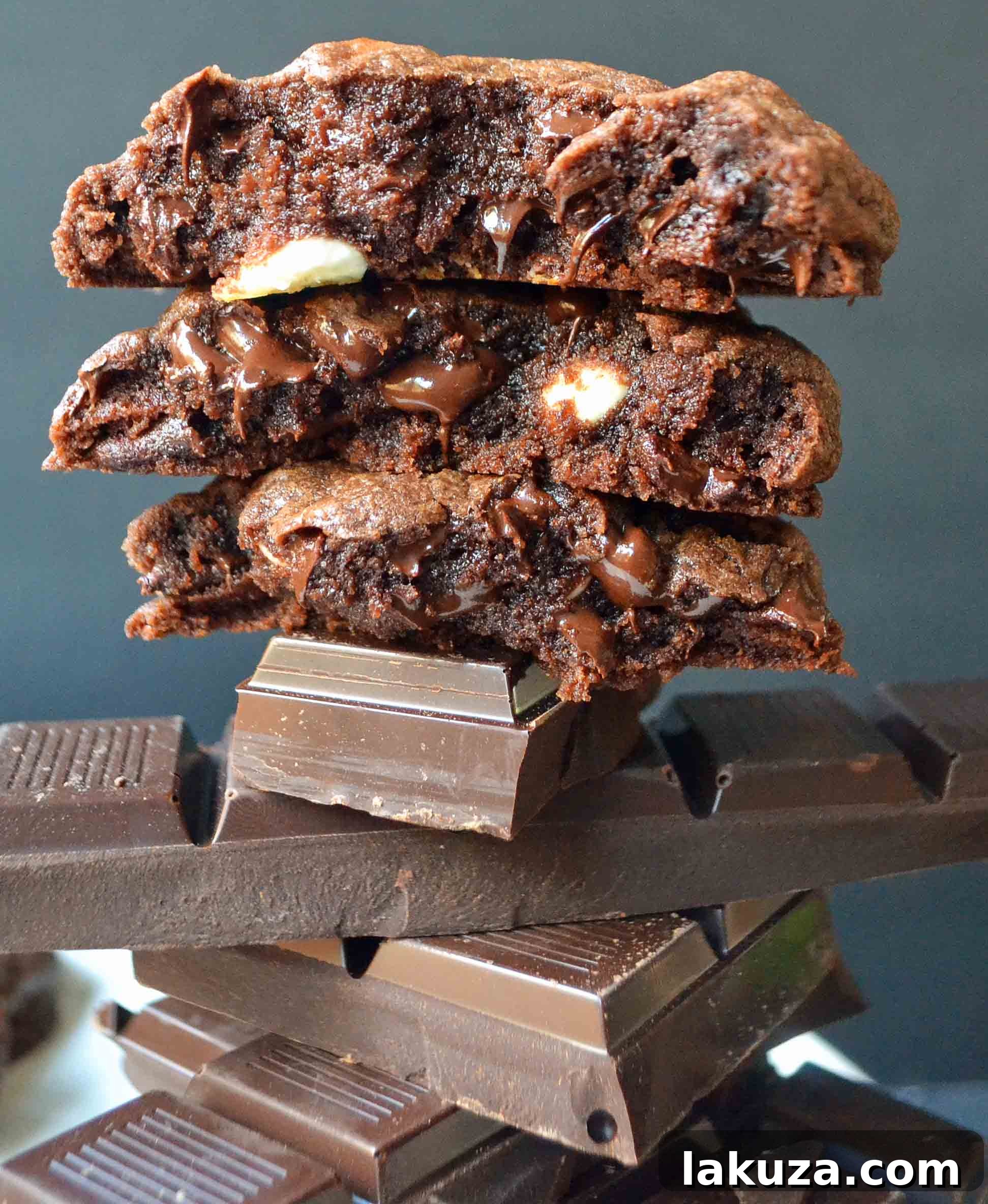 A generous stack of Hunka Hunka Triple Chocolate Cookies on a cooling rack