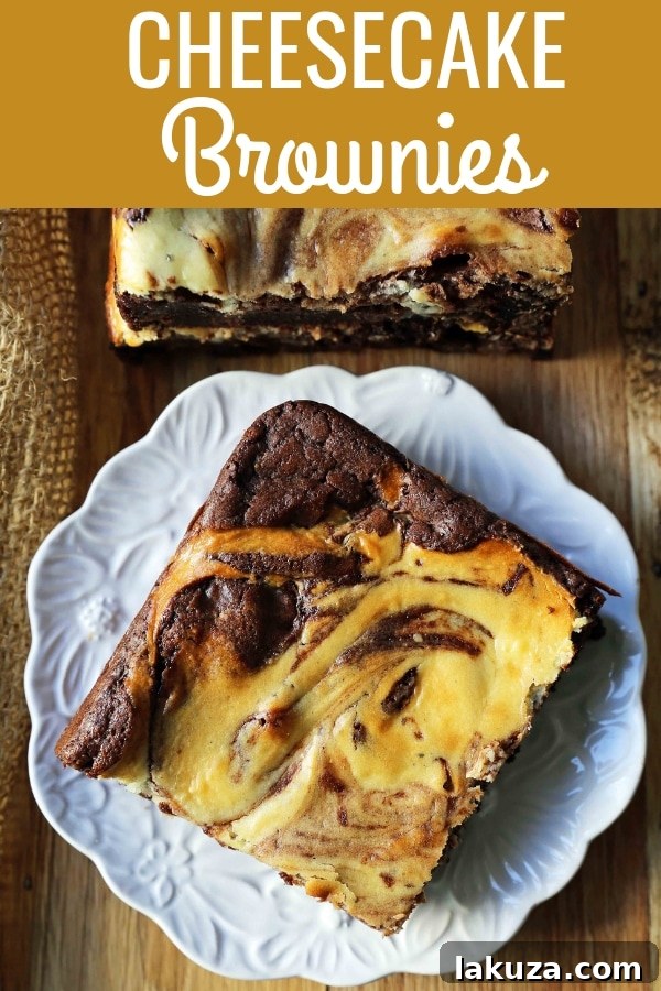Decadent Cheesecake Brownies 6 Cheesecake brownies arranged on a serving plate, with a close-up of the delicious layers and perfect swirl pattern. Pin this recipe for later!
