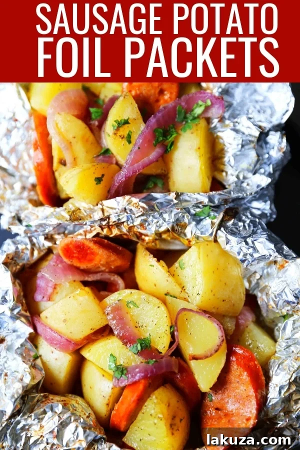 Hearty Sausage and Potato Foil Meals 7 Sausage Potato Foil Packets - The perfect easy dinner with smoked sausage and creamy gold potatoes, great for weeknights or camping. Pin this recipe!