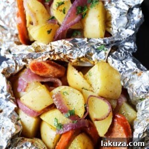 Hearty Sausage and Potato Foil Meals 8 Sausage Potato Foil Packets: The modern tin-foil dinner with hardwood smoked sausage and creamy gold potatoes. An easy and flavor-packed dinner, cooked in the oven or grilled.