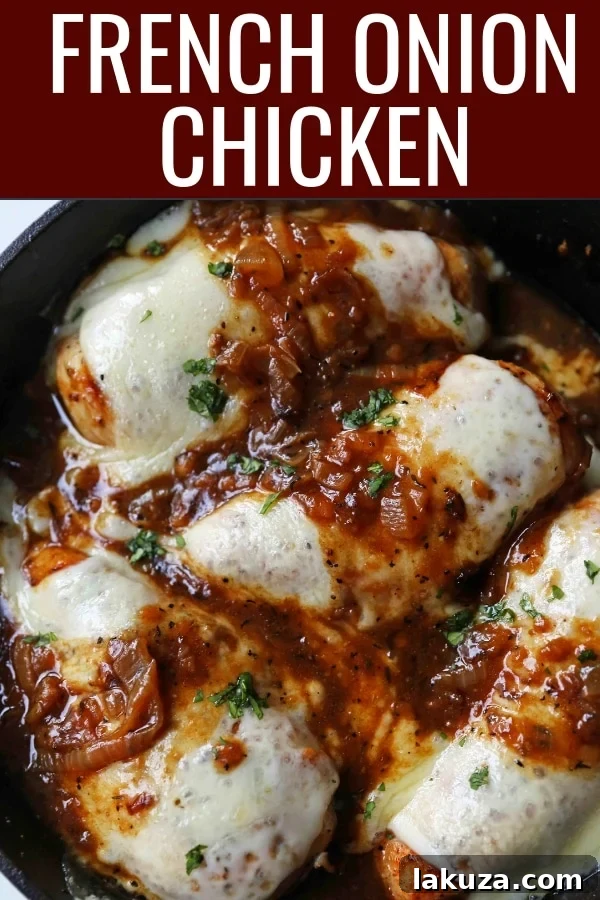 Golden French Onion Chicken 8 Finished French Onion Chicken dish in a cast iron skillet, garnished with fresh parsley, ready for serving. This one-pan meal is packed with savory, cheesy flavor.