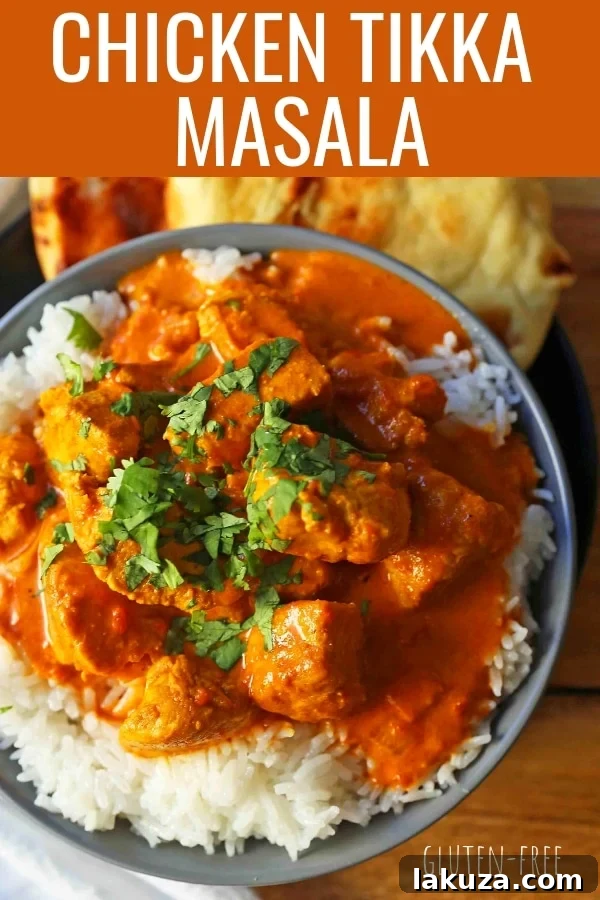 Chicken Tikka Masala recipe pin, featuring a vibrant image of the dish with keywords for easy search.