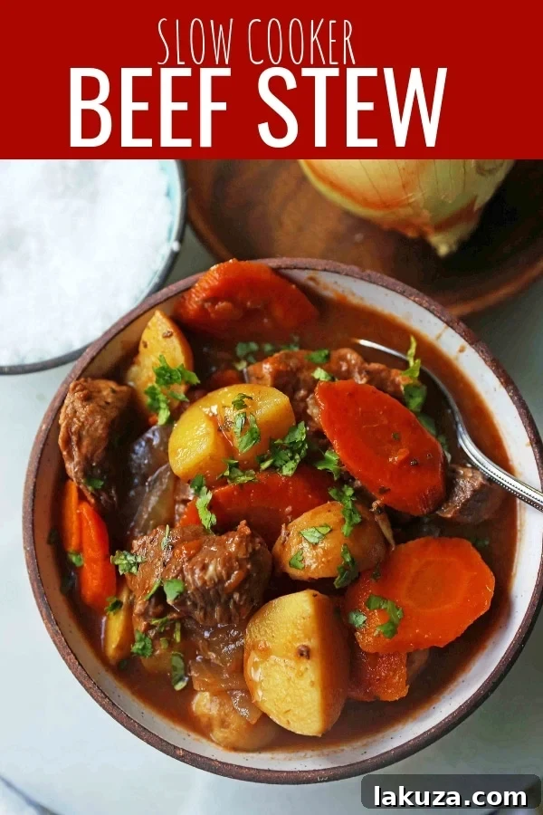The perfect hearty and healthy beef stew recipe for a comforting family meal, made simple in a slow cooker.