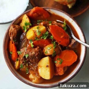 Hearty Beef Stew: The ultimate healthy comfort food recipe with lean beef, Yukon Gold potatoes, carrots, onions, and a rich savory broth.