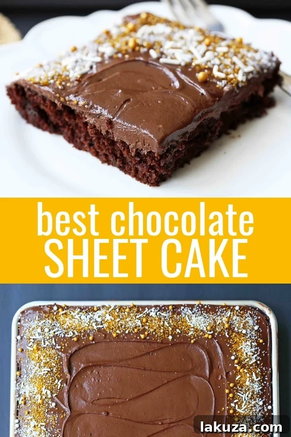 A large rectangular chocolate sheet cake with milk chocolate frosting, cut into perfect squares and garnished with sprinkles, ready to serve on a white platter.