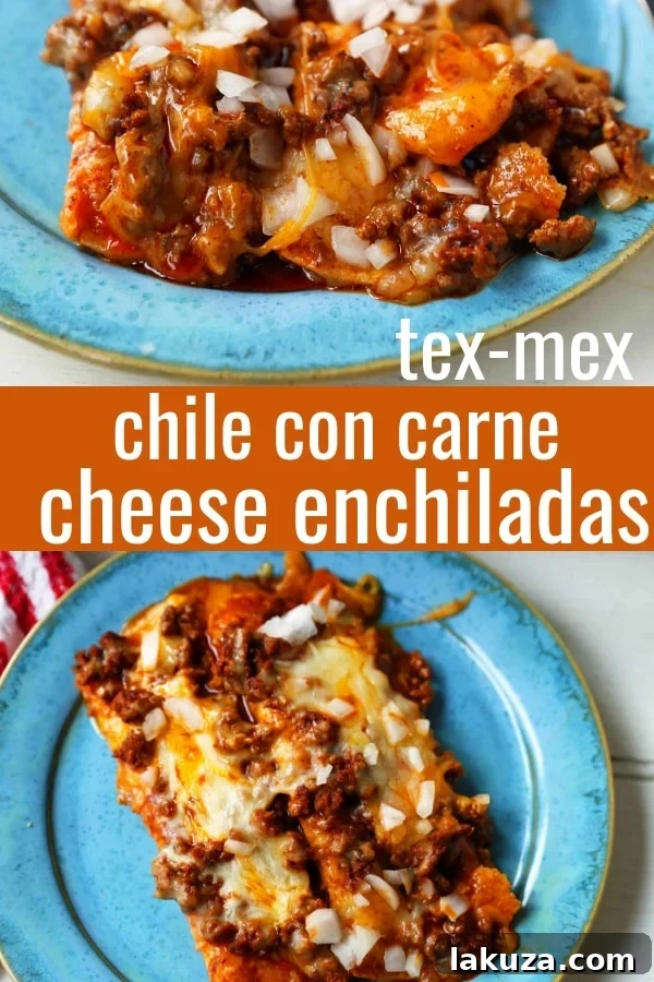 Chile con Carne Enchiladas. Authentic Tex-Mex Beef Enchiladas Recipe. Cheese Enchiladas topped with homemade chile con carne. The best chile con carne enchilada recipe! #chiliconcarne #texmex #texmexenchiladas #enchiladas #mexicanfood