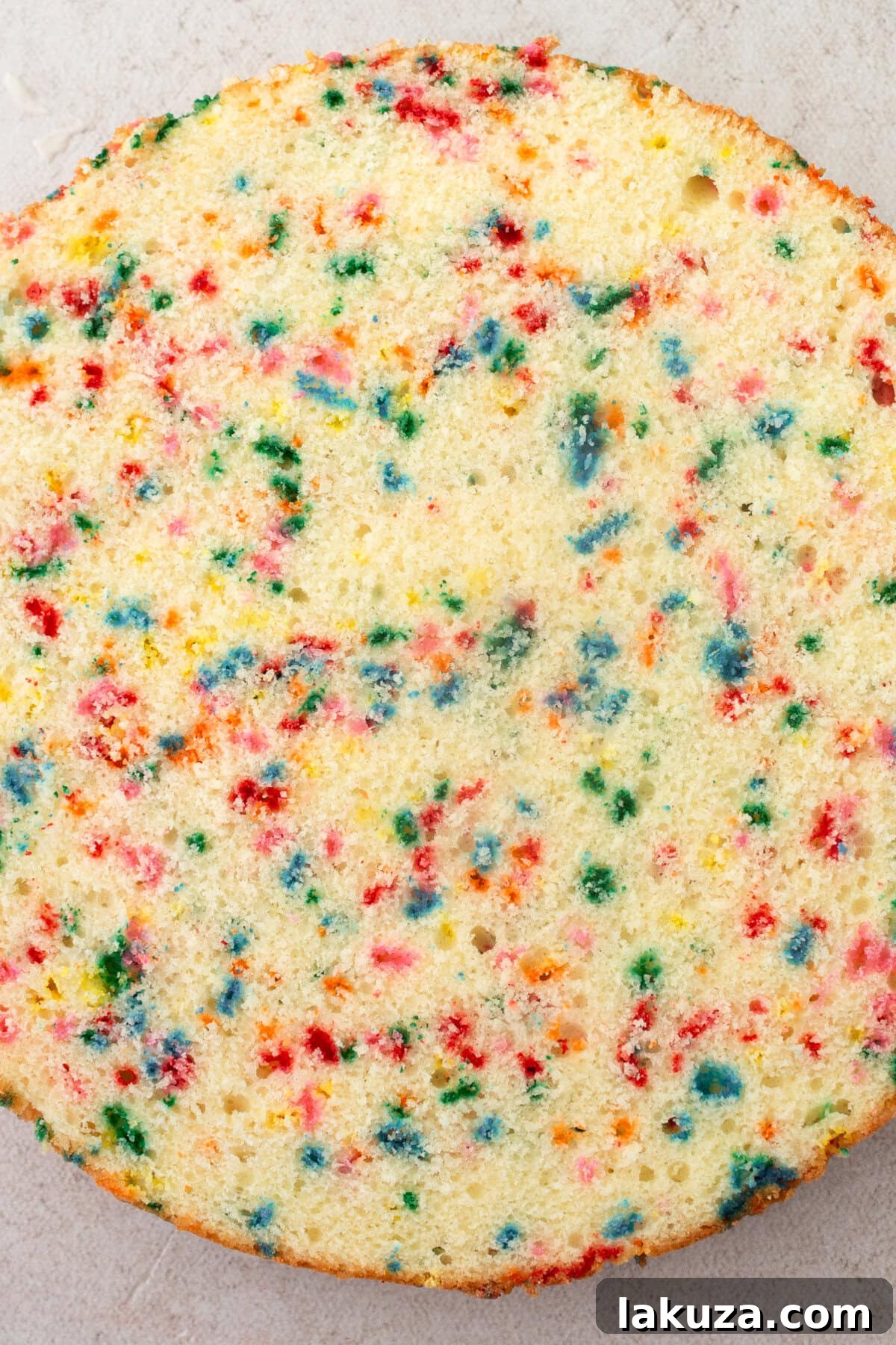 Joyful Sprinkle Celebration 11 Perfectly golden-brown and fluffy Funfetti cake layers, freshly baked and cooled, stacked and ready for frosting.