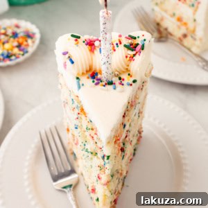 Joyful Sprinkle Celebration 17 Piece of birthday cake with sprinkles with a candle. A fluffy homemade Funfetti birthday cake with rainbow sprinkles topped with a light cream cheese buttercream frosting and an array of sprinkles. This Confetti Cake recipe is the perfect birthday cake!
