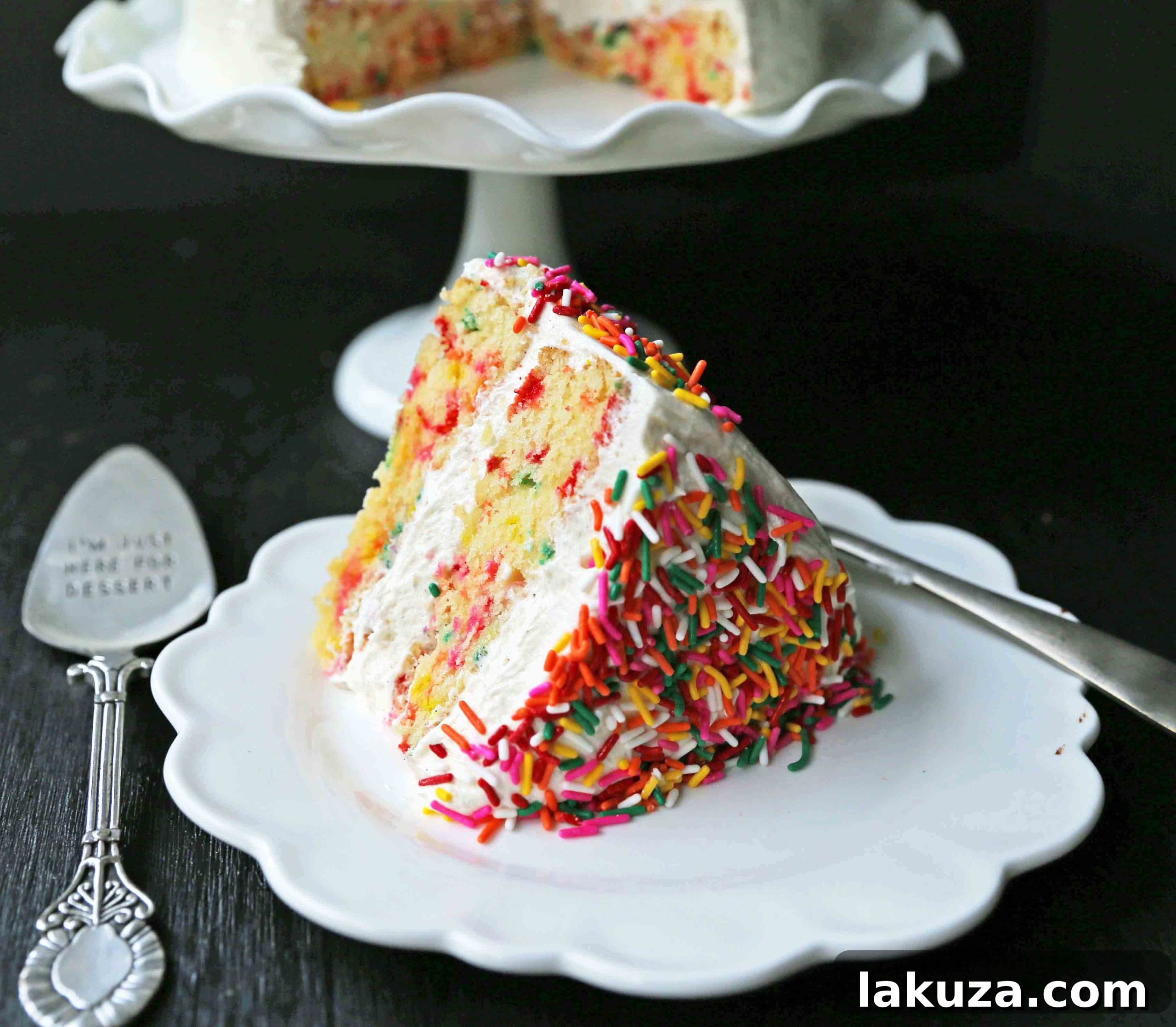 Joyful Sprinkle Celebration 19 A large, vibrant homemade funfetti birthday cake, beautifully decorated with sprinkles and frosting, displayed as an enticing dessert.