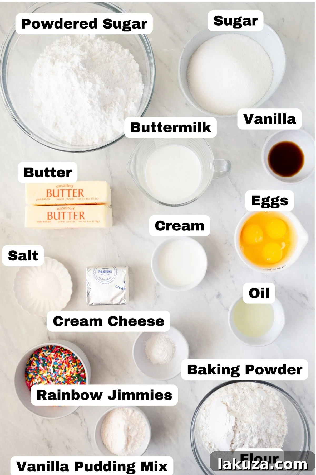 Joyful Sprinkle Celebration 7 Collection of key ingredients for homemade Funfetti cake: flour, sugar, butter, buttermilk, eggs, vanilla, and rainbow sprinkles, laid out for a recipe.
