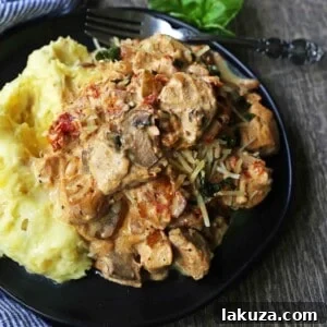 Slow Cooker Creamy Tuscan Chicken. Creamy tender chicken in prosciutto, mushroom, and sundried tomato cream sauce. Comfort food made in a slow cooker.
