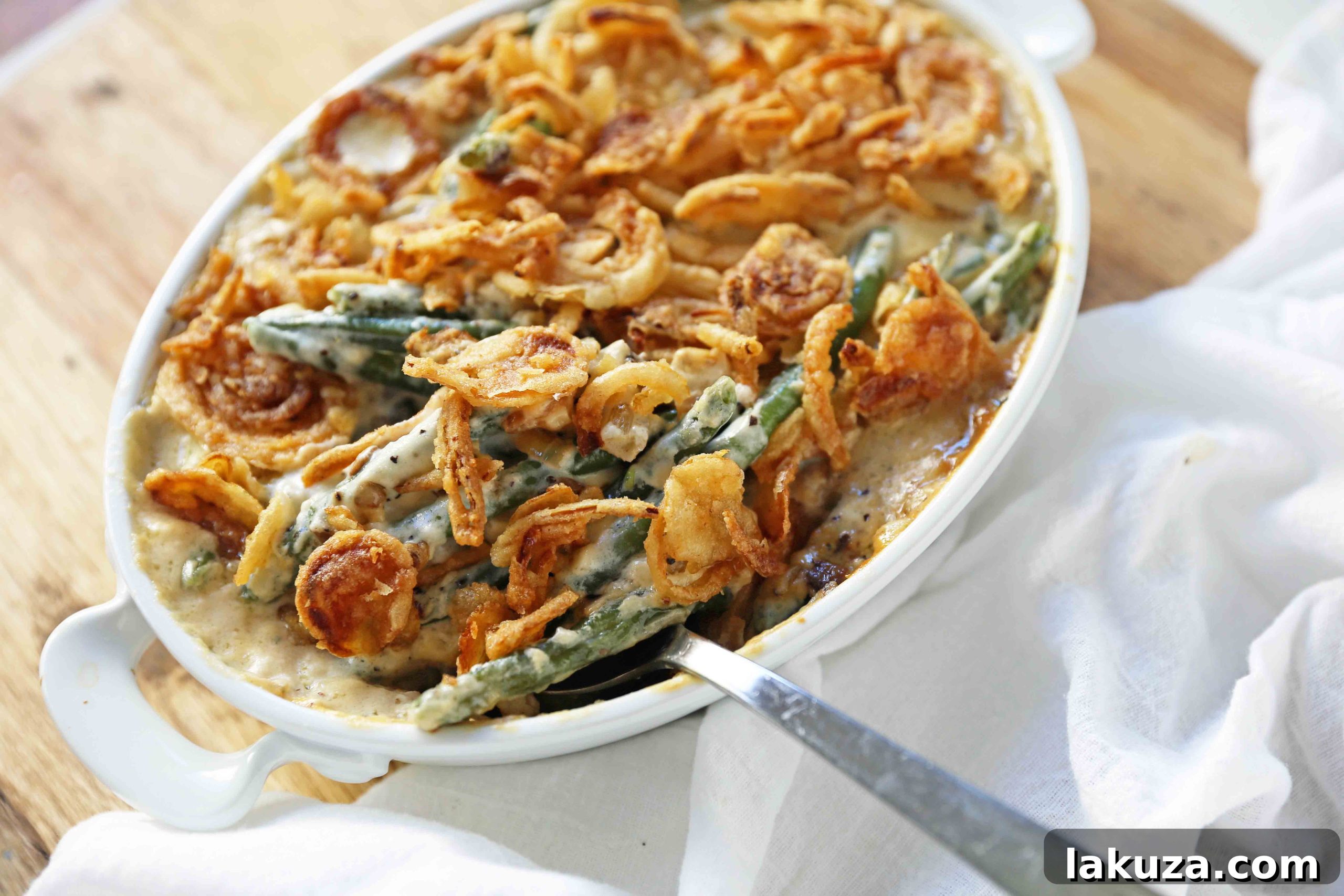 A vibrant, delicious Homemade Green Bean Casserole, showcasing its perfect texture and rich colors, ready to serve.