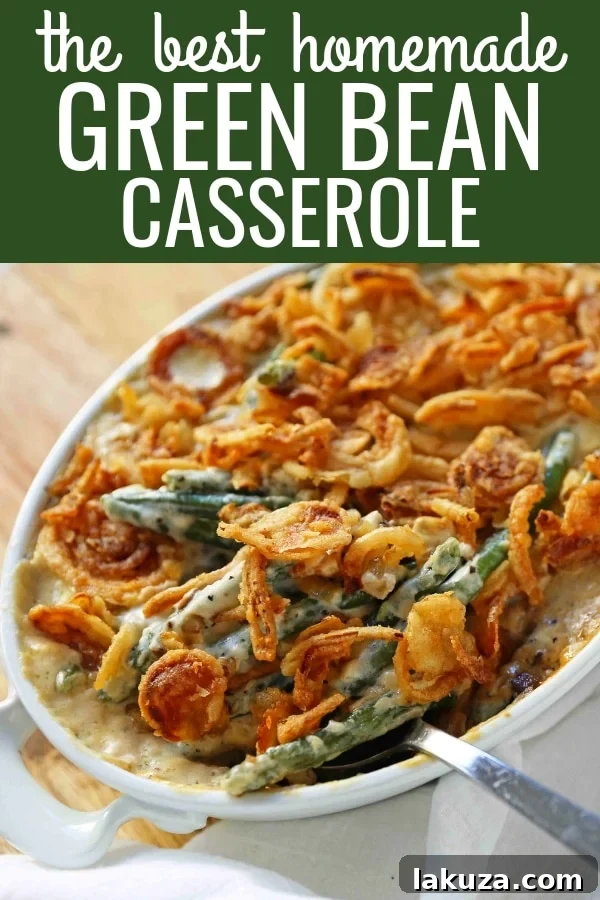 A delicious Green Bean Casserole, showcasing its rich, creamy texture and golden-brown crispy onion topping, ideal for holiday meals.