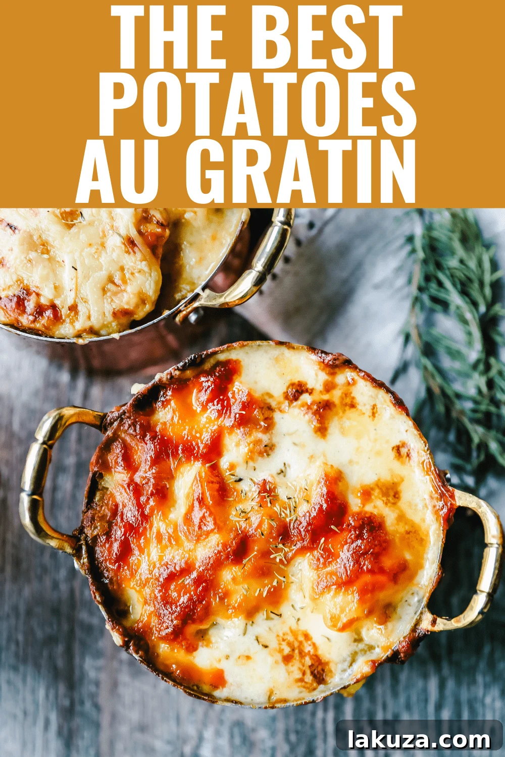 Mouthwatering Cheesy Potato Gratin 12 A stunning overhead shot of the finished cheesy potatoes au gratin in a rustic baking dish, ready to be enjoyed.
