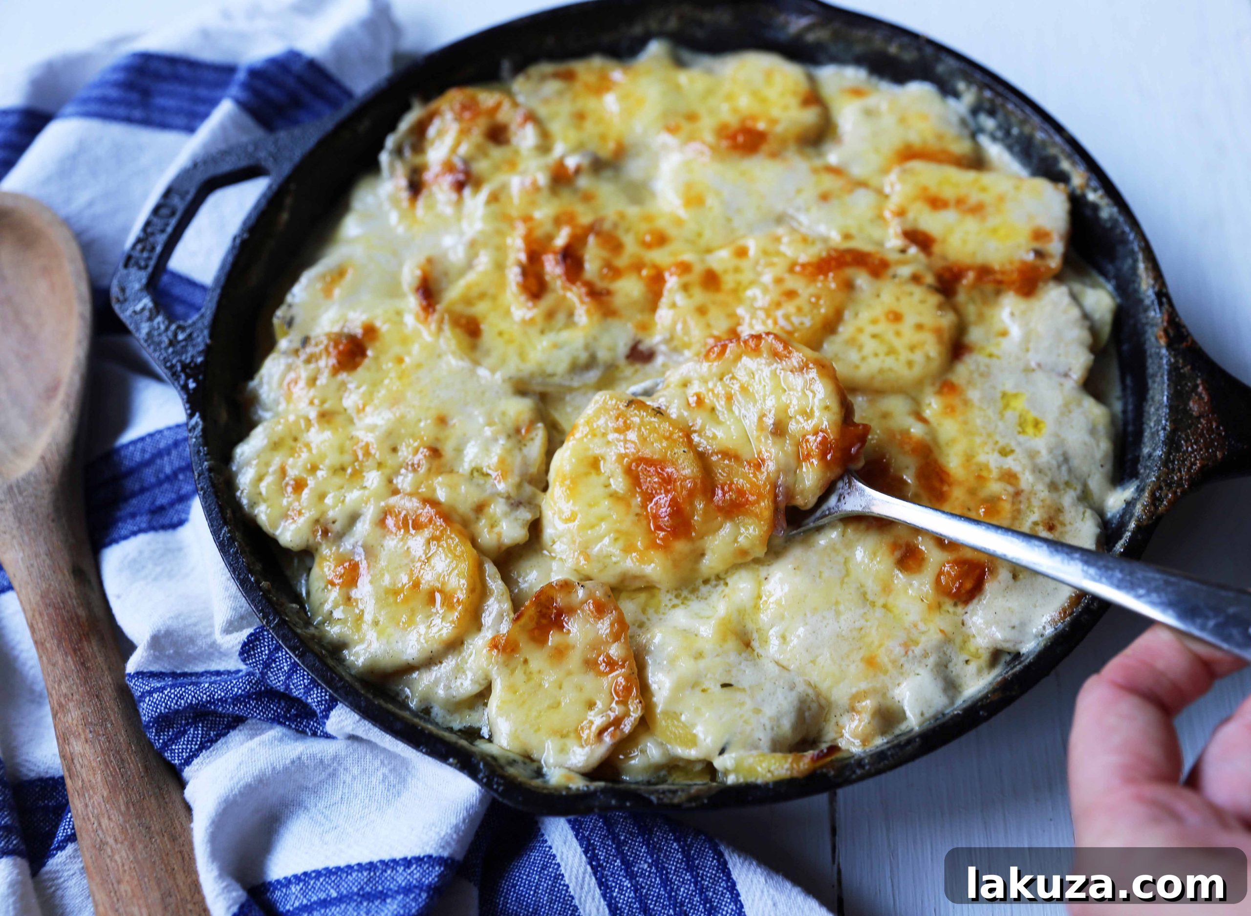 Mouthwatering Cheesy Potato Gratin 7 Freshly baked cheesy potatoes au gratin, glistening with melted cheese and cream, ready to be portioned and served.