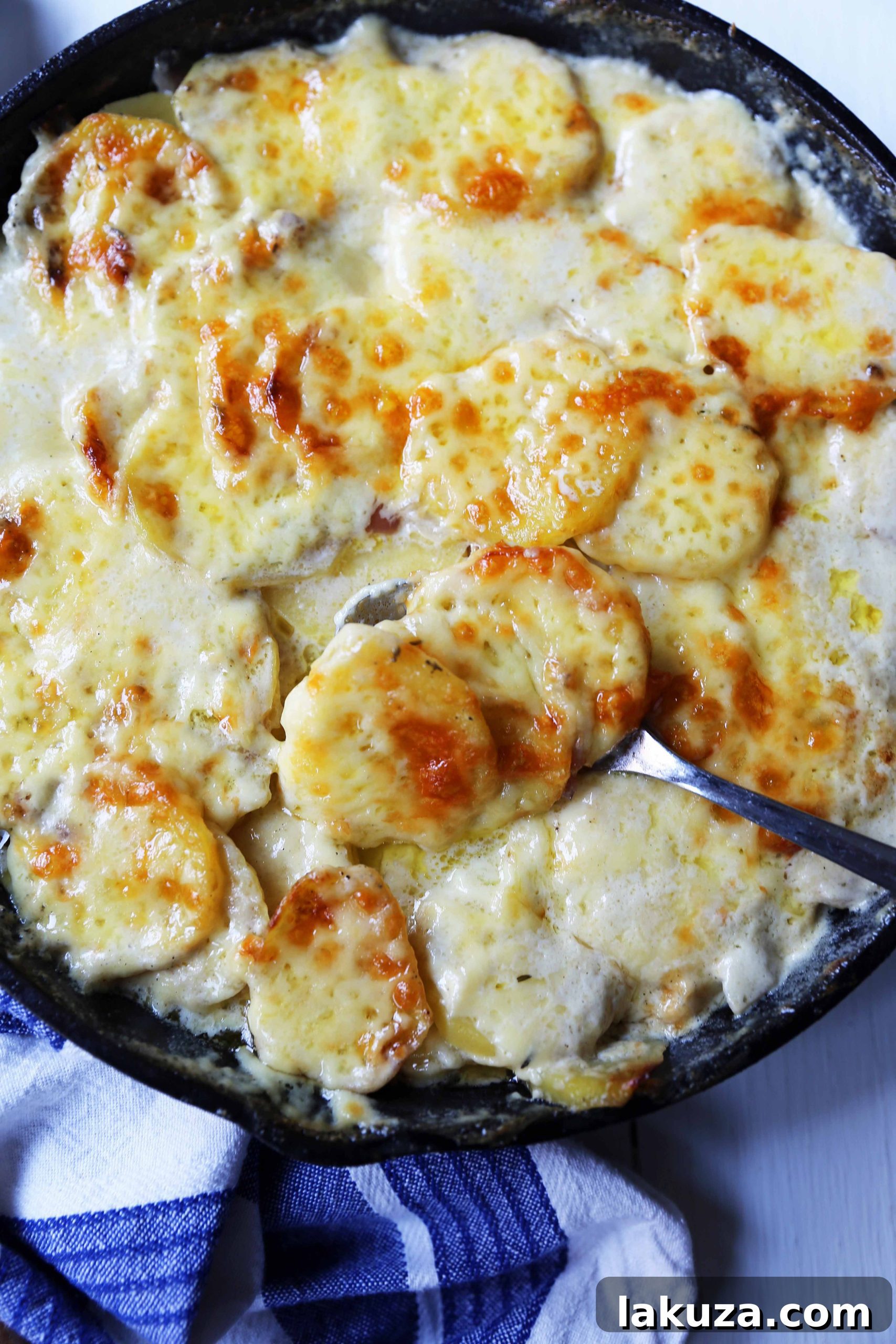 Mouthwatering Cheesy Potato Gratin 8 A tantalizing close-up of a cheesy potato au gratin bake, freshly out of the oven, with a bubbling golden crust.