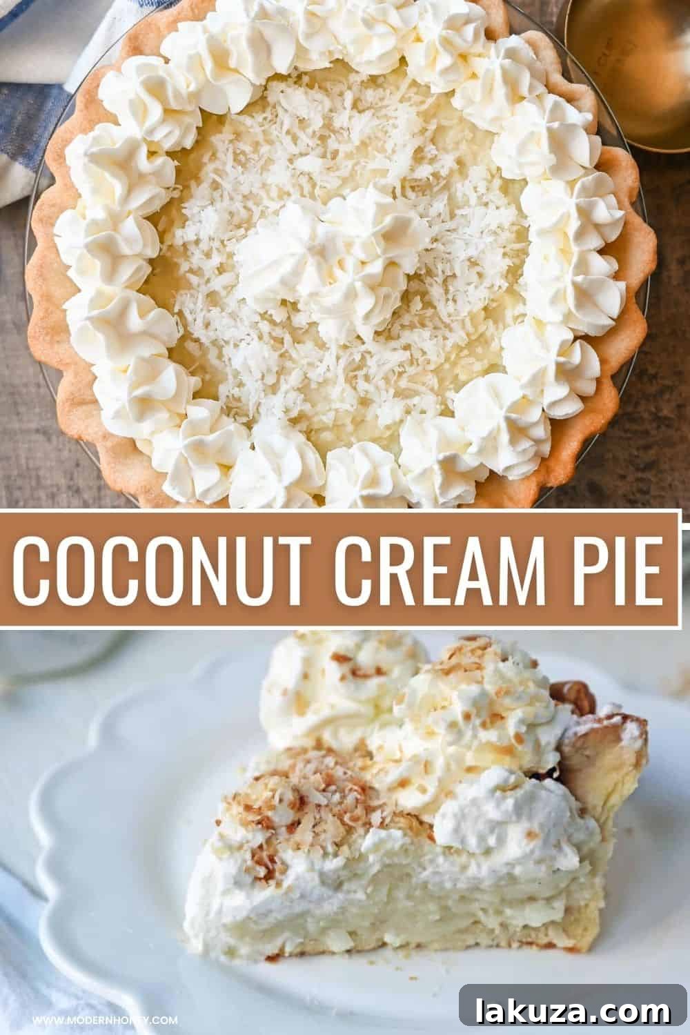 This Coconut Cream Pie is made with a homemade coconut custard filling in a buttery pie crust topped with fresh whipped cream and toasted coconut. This is the famous Dahlia Bakery's secret coconut cream pie recipe.