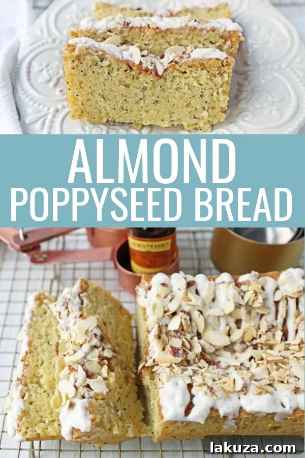 Slice of Almond Poppy Seed Bread showing the delicate crumb and glaze