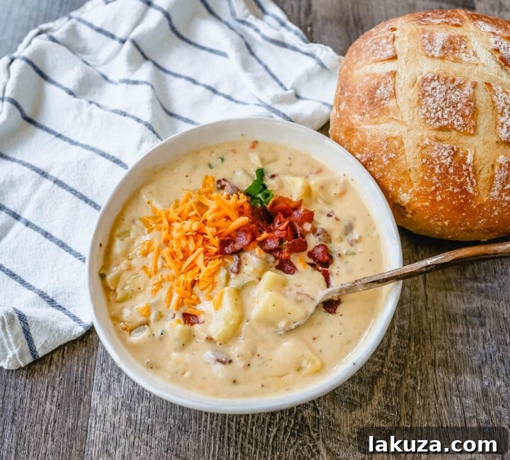 Loaded Baked Potato Soup 6 Loaded Baked Potato Soup is a rich and creamy potato cheese soup topped with crispy bacon, sour cream, green onions, and sharp cheddar cheese. A family favorite potato cheese soup recipe!