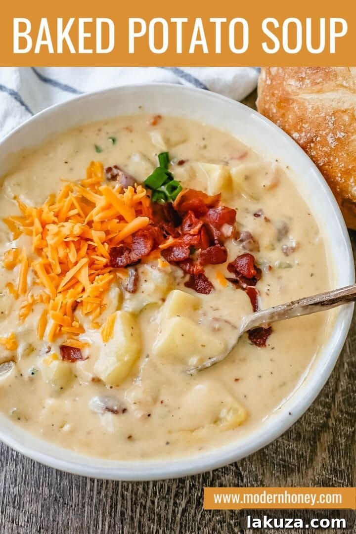 Loaded Baked Potato Soup 8 Loaded Baked Potato Soup is a rich and creamy potato cheese soup topped with crispy bacon, sour cream, green onions, and sharp cheddar cheese. A family favorite potato cheese soup recipe!