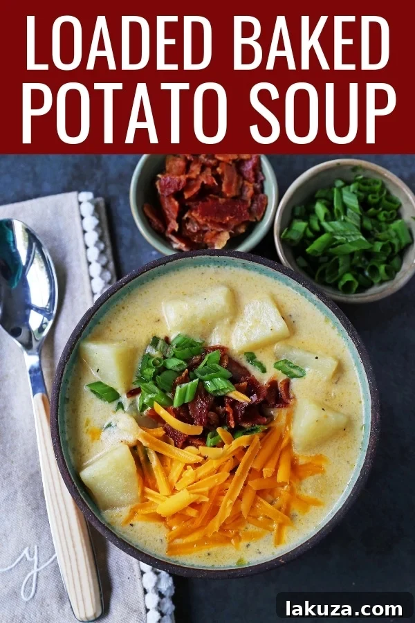 Loaded Baked Potato Soup 9 Loaded Baked Potato Soup. Creamy Cheesy Potato Soup topped with crispy bacon, green onions, sharp cheddar cheese, and sour cream. The perfect baked potato soup recipe.
