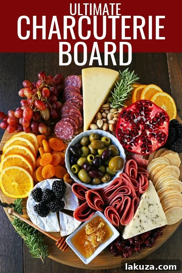 Close-up of a beautifully arranged charcuterie board, showcasing the intricate details of cheese, fruit, and meat pairings.