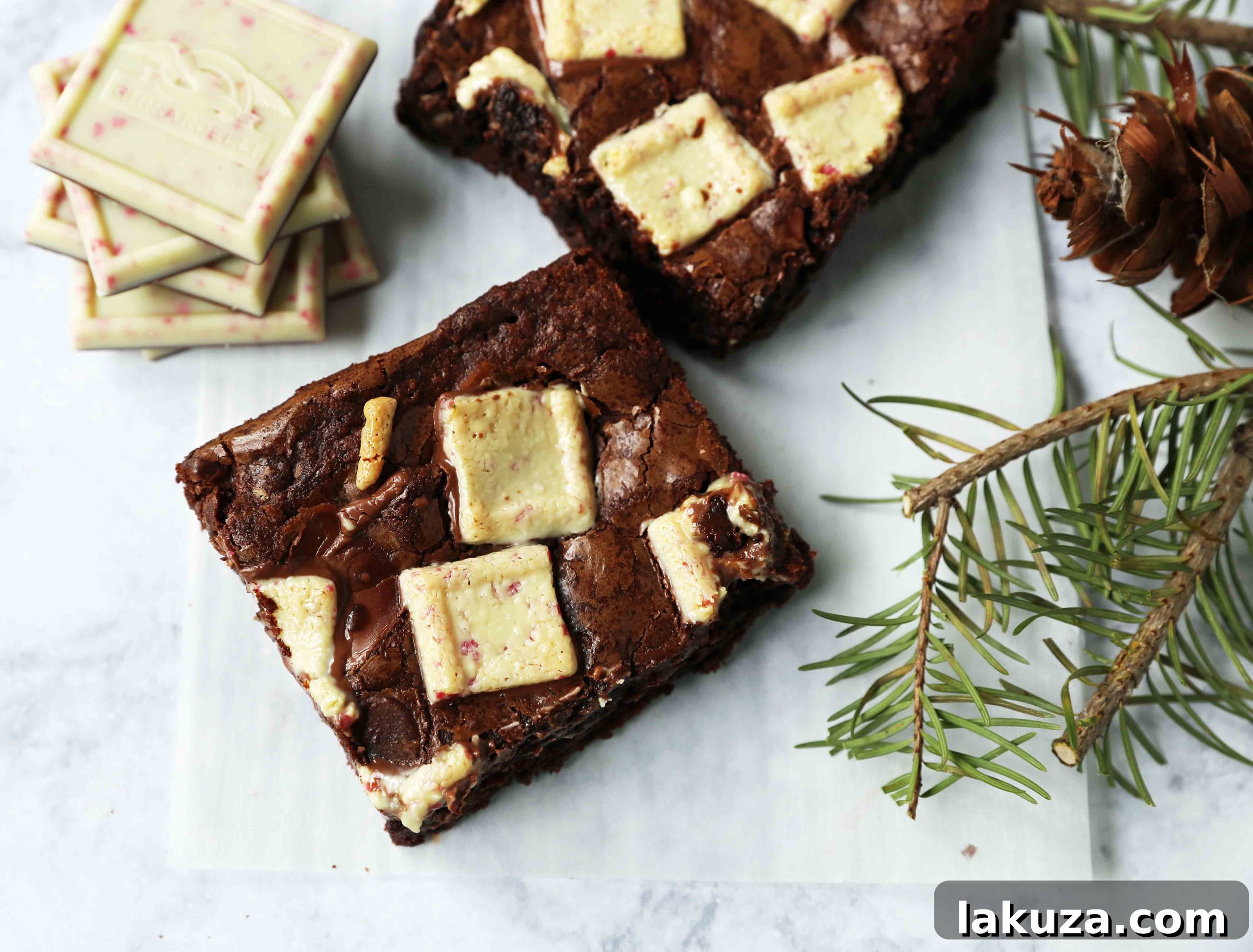 Platter of warm Peppermint Bark Brownies, freshly baked and ready to be served as a holiday dessert