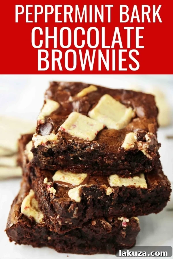 Final plated image of Peppermint Bark Brownies with festive decorations, ready for a holiday dessert table