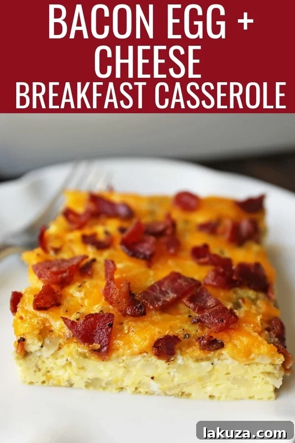 Savory Breakfast Bake 7 A perfectly baked Bacon Egg and Cheese Casserole, garnished with fresh chives, ready to be served. Ideal for breakfast or brunch gatherings.